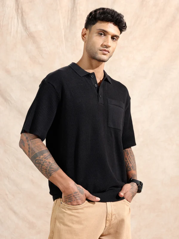 Solid Textured Flat Knit Polo T-Shirt | Black