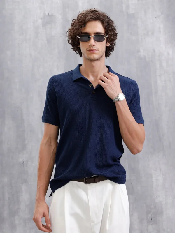Waffle Textured Polo T-Shirt - | Navy