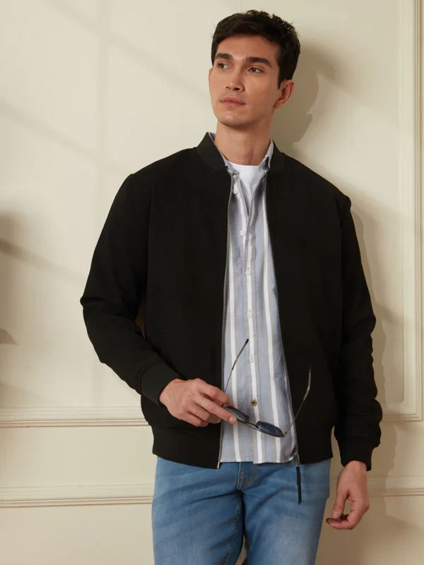 Solid Casual Black Bomber Jacket